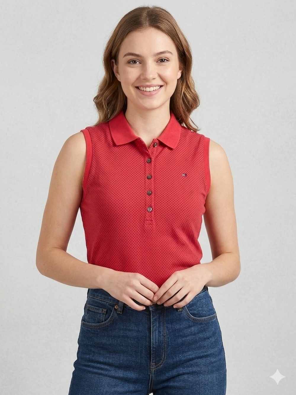 Tommy Hilfiger Red Polka Dot Sleeveless Polo Shirt Size Large Preppy Golf
